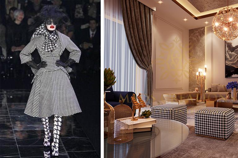 Left: Alexander Mcqueen dress. Right: Black-and-White Check Pattern of the Pouffes.
