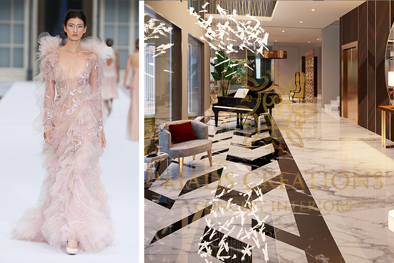 Left: Ralph and Russo Long Dress. Right: Glass, Mirror and Lustrous Surfaces of Luxurious Marble