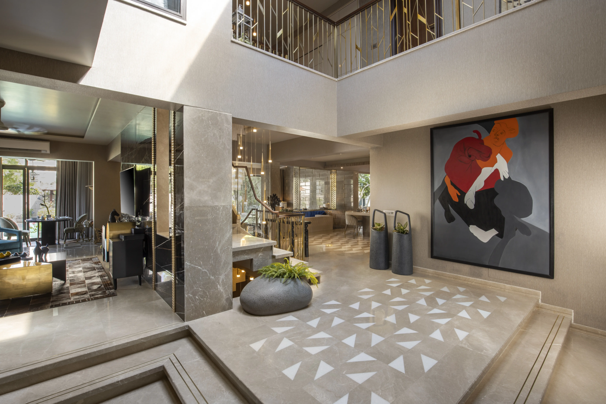 Modern luxury residential interior with custom furniture and open-plan living space