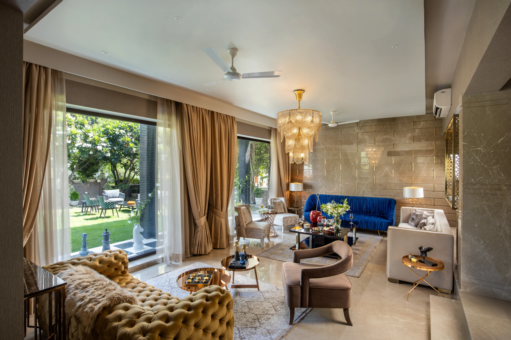 Residential living area with custom furniture and interior design details