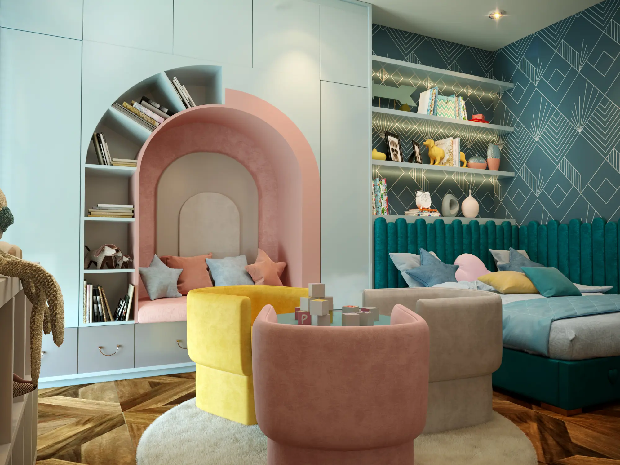 Custom furniture and integrated storage in a colourful child's bedroom